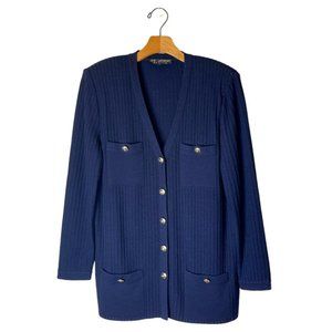 St. John Navy Blue Gold Button V Neck Long Santana Knit Cardigan Sweater Size 12
